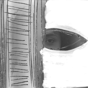 Foto branca com dois recortes de olhos humanos em cinza escuro