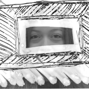 Foto branca com dois recortes de olhos humanos em cinza escuro